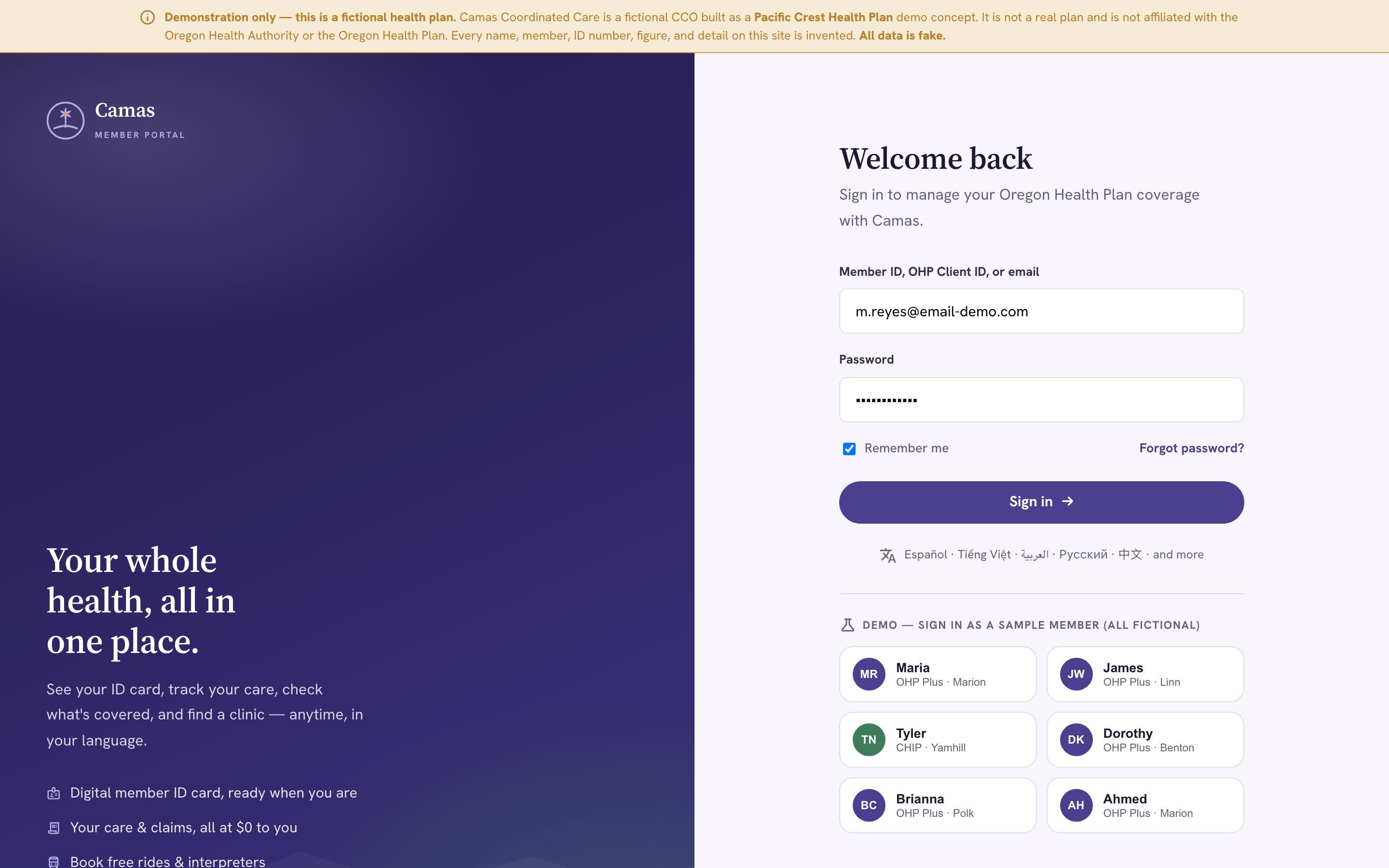 Camas member portal dashboard