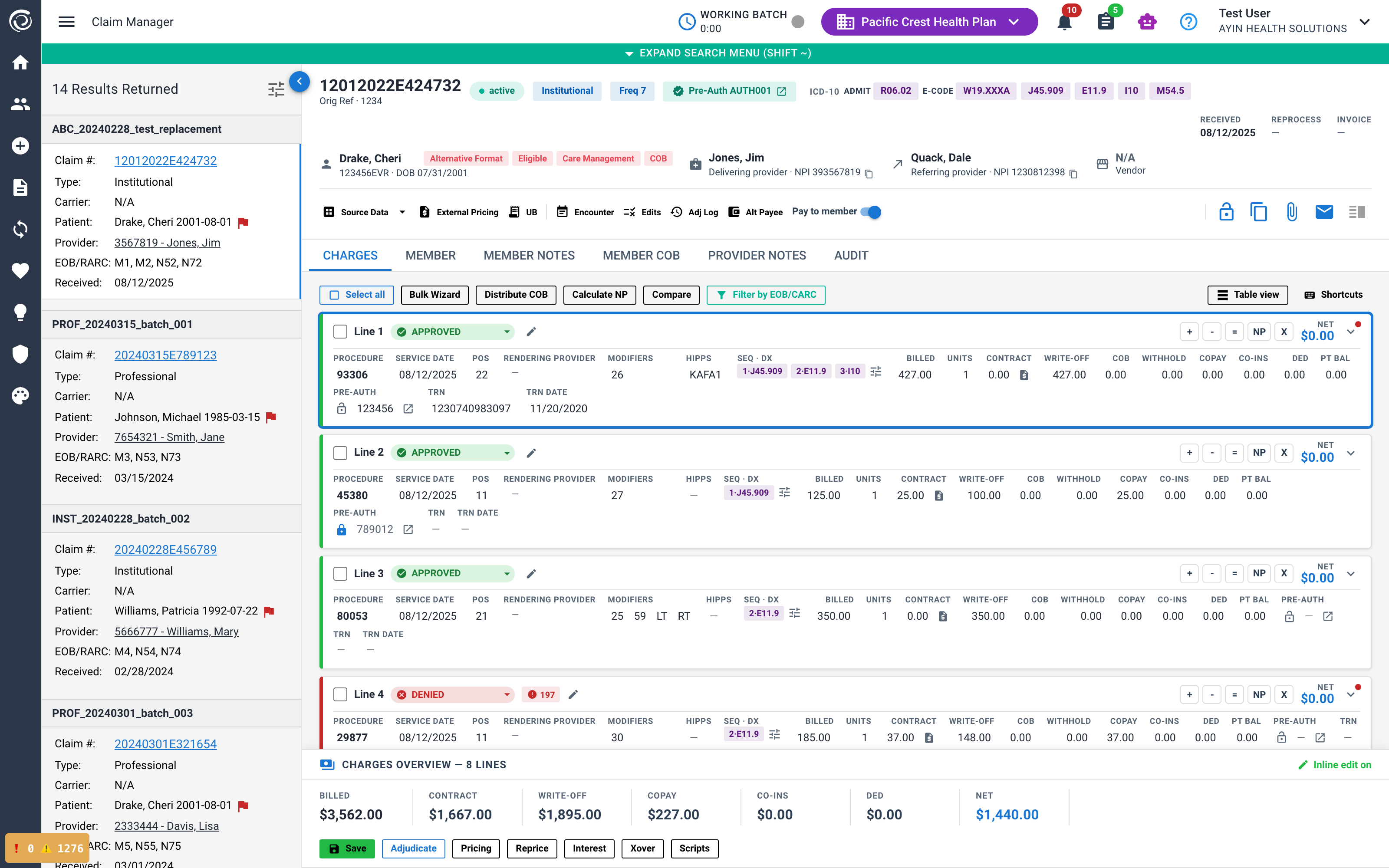 Claim Manager redesigned variant with search collapsed and charge lines in card view