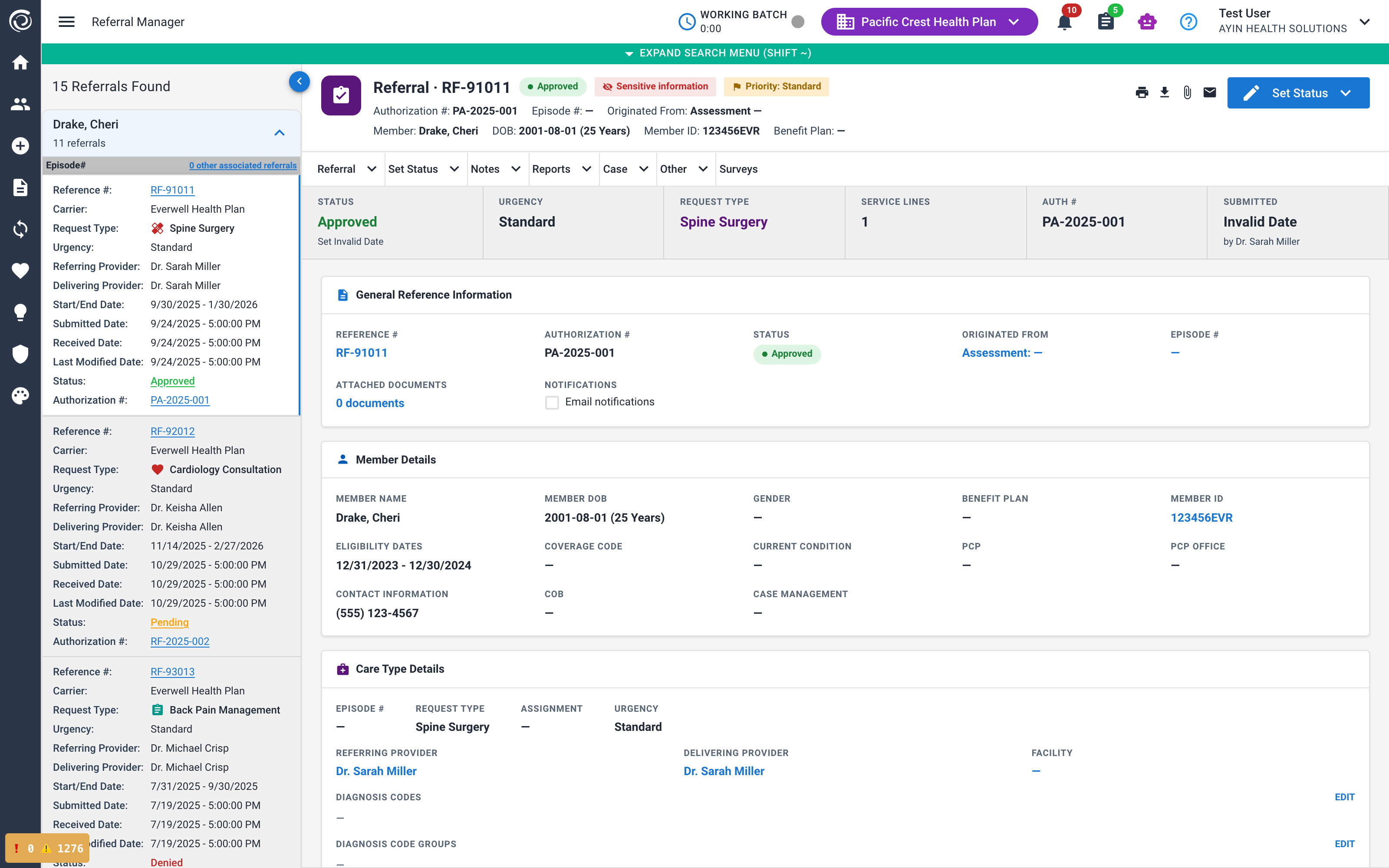 Referral Manager detail for synthetic referral RF-91011 with member and care type context