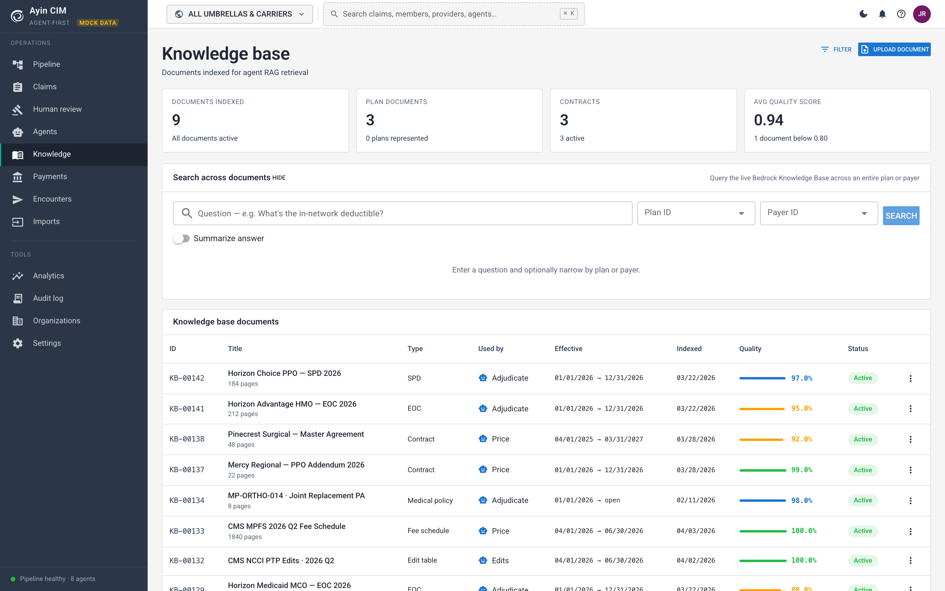 Knowledge base of plan documents for RAG