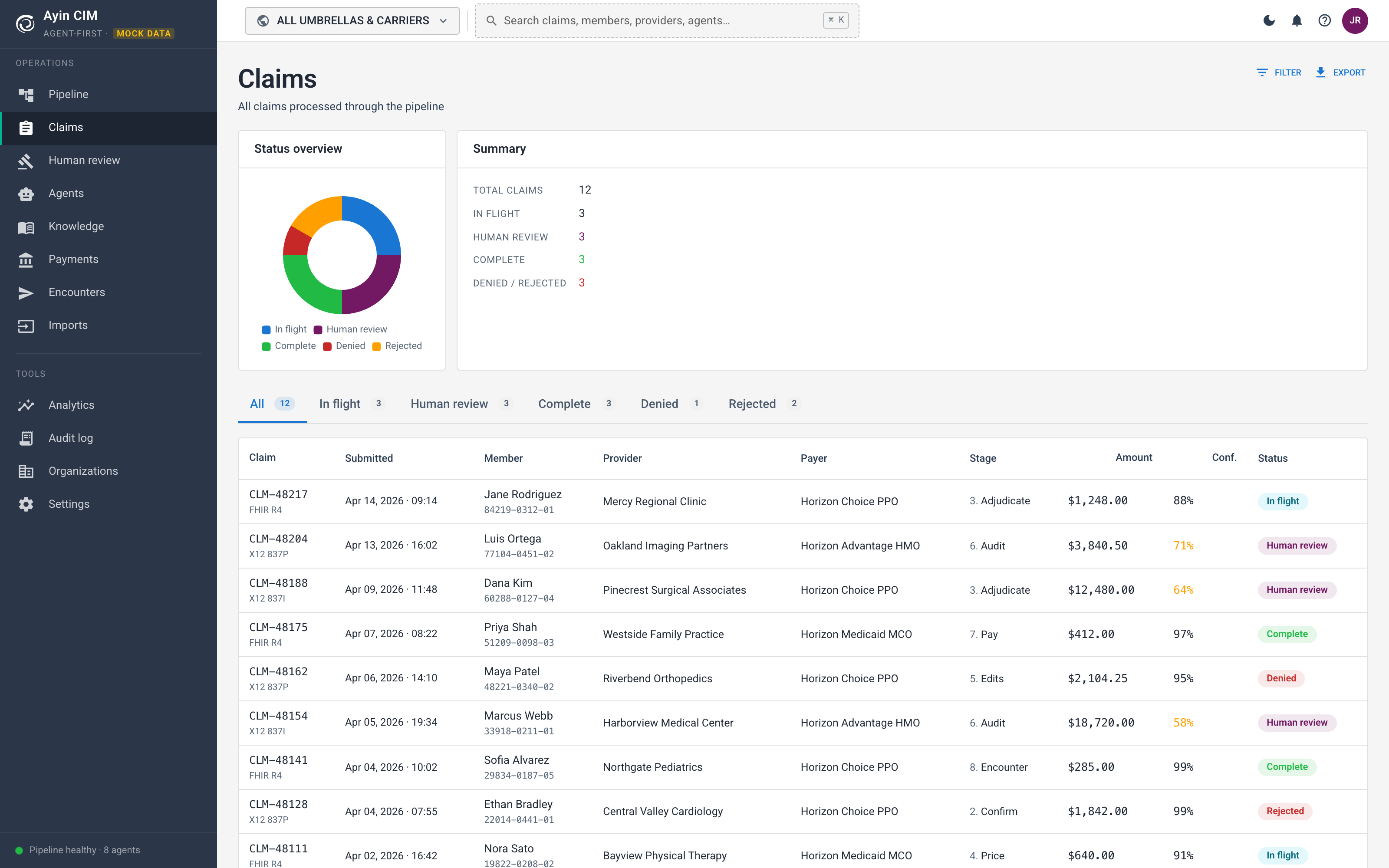 Claims list and search interface