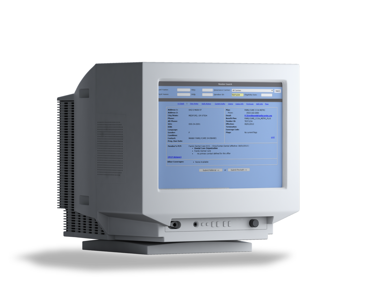 Legacy Community Integration Manager member screen on a CRT monitor