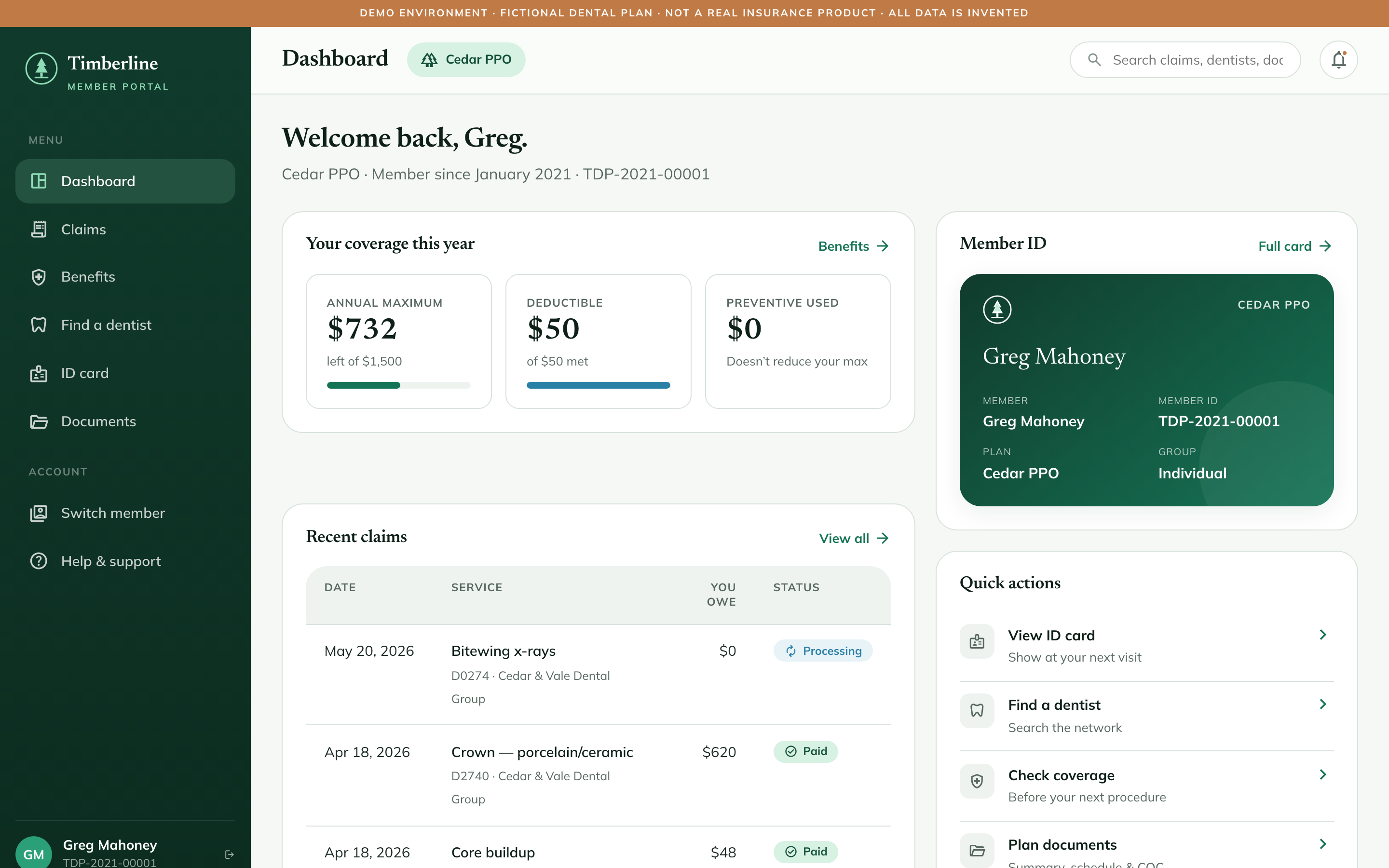Timberline Dental member portal