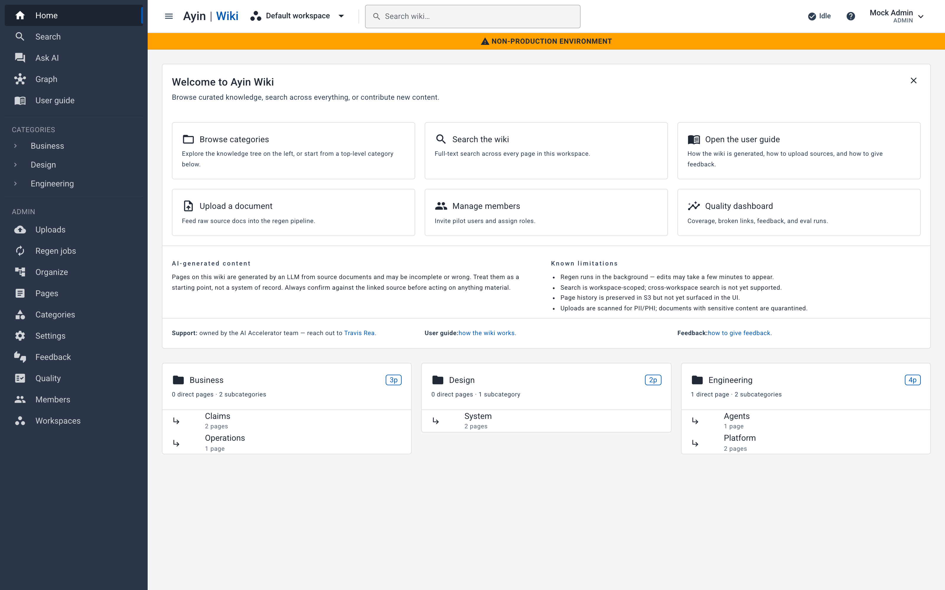 Ayin Wiki home with category cards and workspace shell