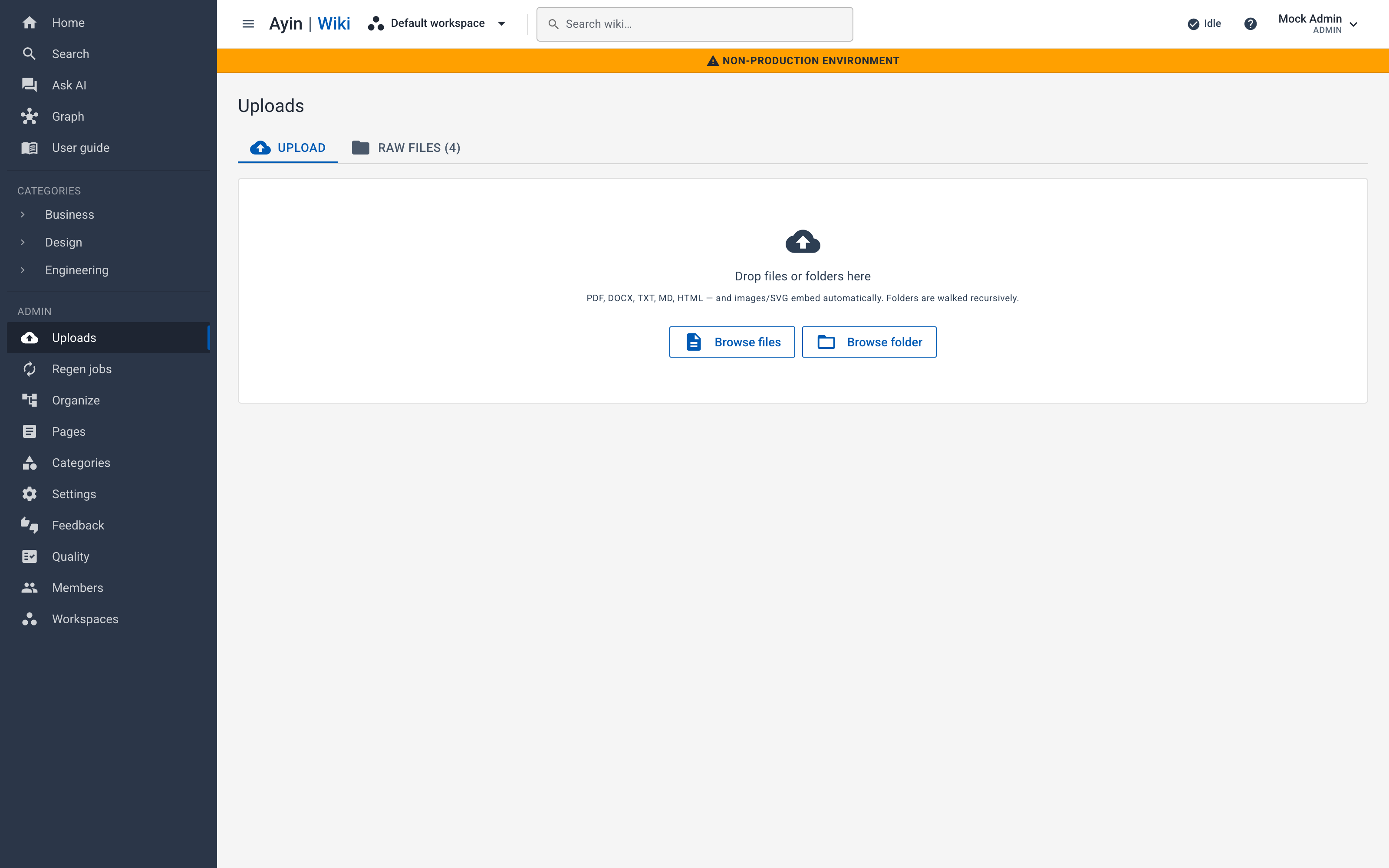 Ayin Wiki uploads screen with drag-and-drop for PDF, DOCX, and other source files