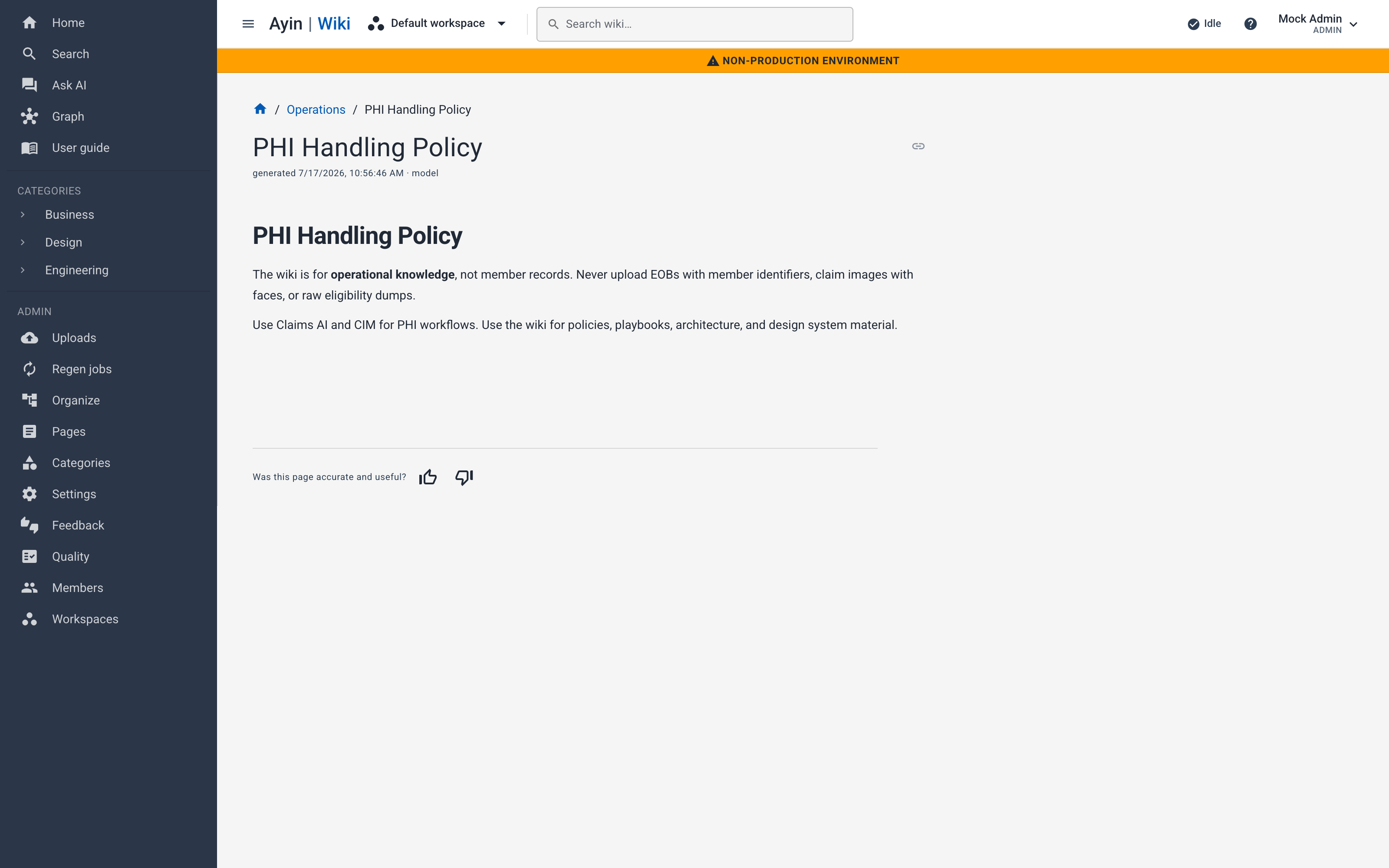 Structured Ayin Wiki page: PHI Handling Policy with breadcrumb, generated metadata, body, and accuracy feedback